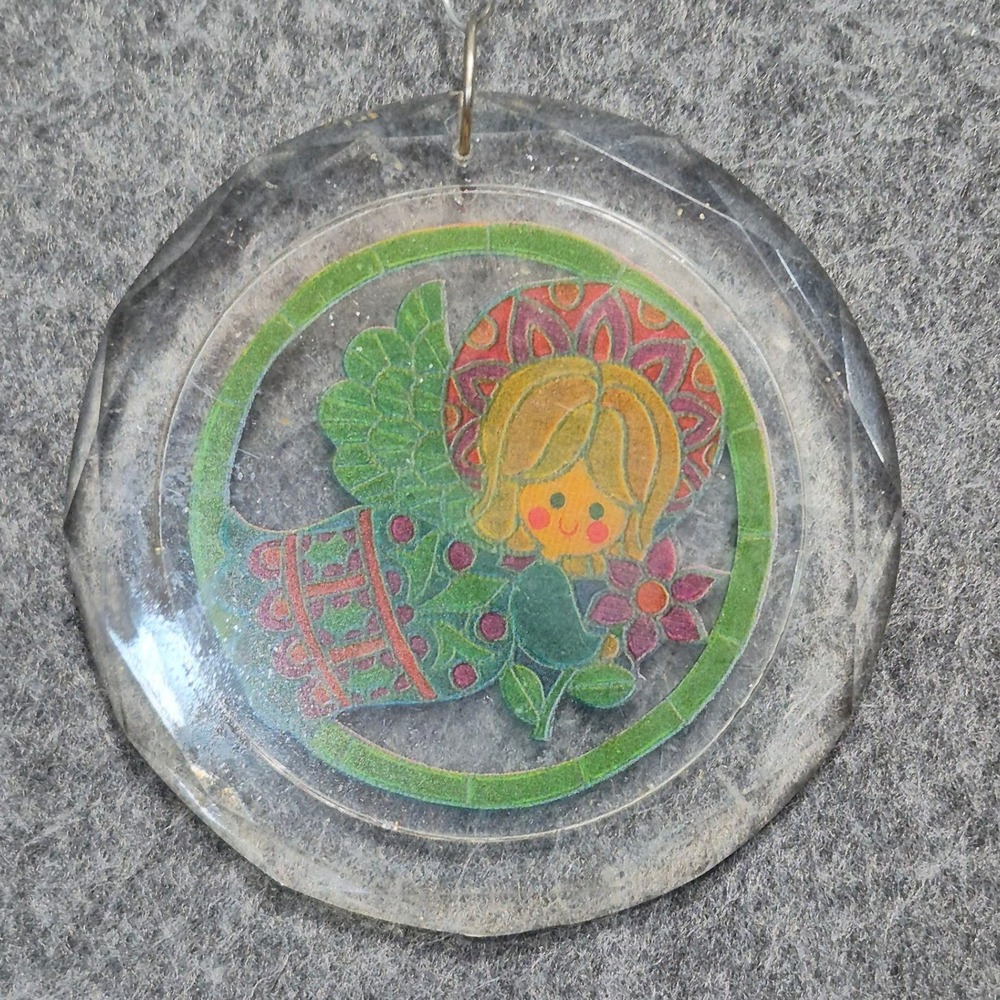 Vintage 1980s Round Acrylic Ornament with Angel Kitschy Christmas Holiday